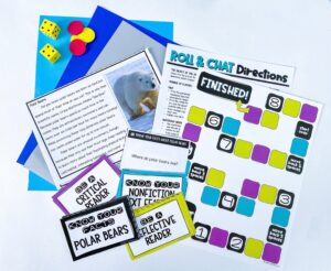 Roll & Chat board game to practice nonfiction reading strategies with a nonfiction polar bear book